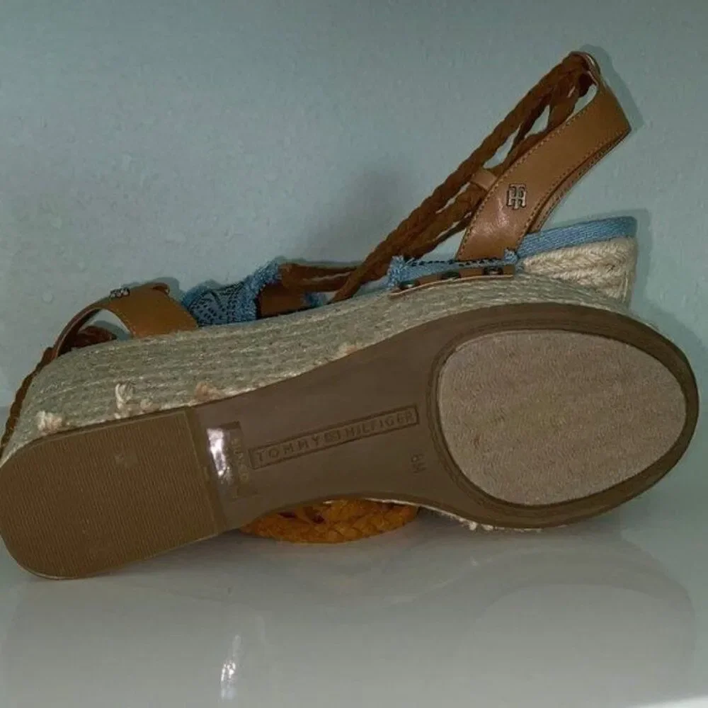 Tommy Hilfiger Women Blue Tan Studded Espadrille Tie-Up Wedge 8M